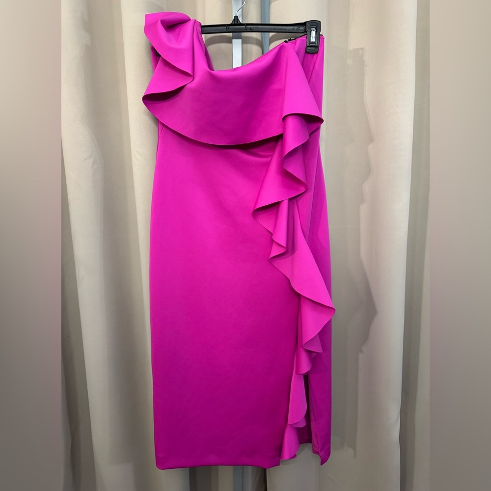 One-Shoulder Fuchsia Ruffle Midi Dress - Picture 6 of 8